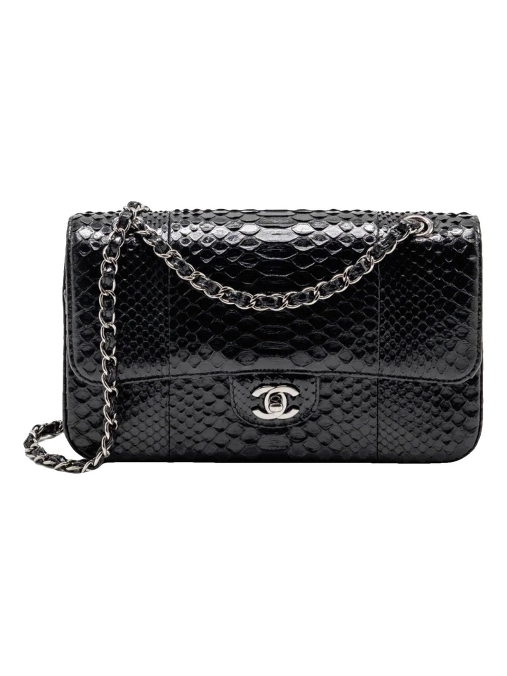 CHANEL Black Quilted Python Flap Shoulder Bag with Silver Hardware